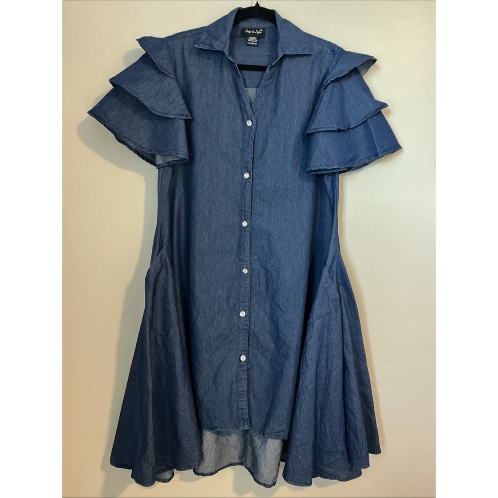 Step In Style Blue Denim Chambray Ruffled Tiered Sleeves Hi-Low Dress Sz Small